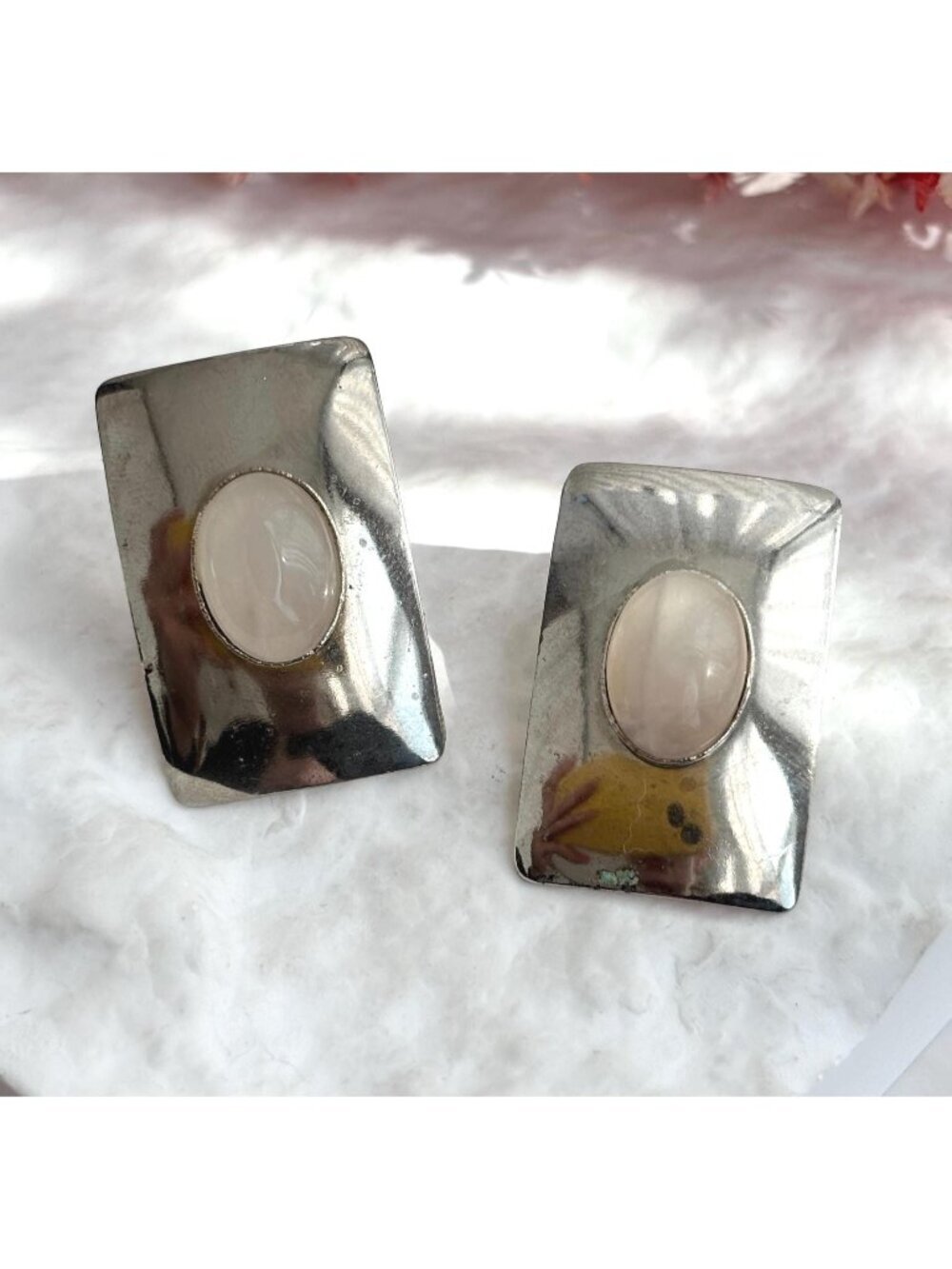 Genuine Pink Quartz Accented Geometric 80's Silver Toned Vintage Stud Earrings